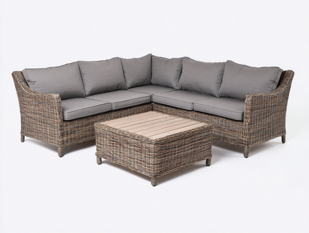 Canapé de jardin - rotin-bois-textile - 245x245x82 cm - taupe-gris-bois naturel - contemporain