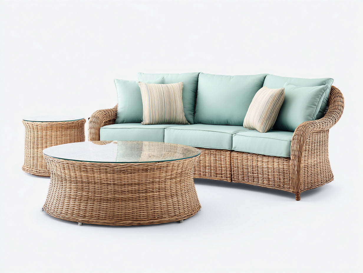 Canapé de jardin - rotin-verre-textile - 205x95x82 cm - beige naturel-vert d'eau-transparent - style bord de mer
