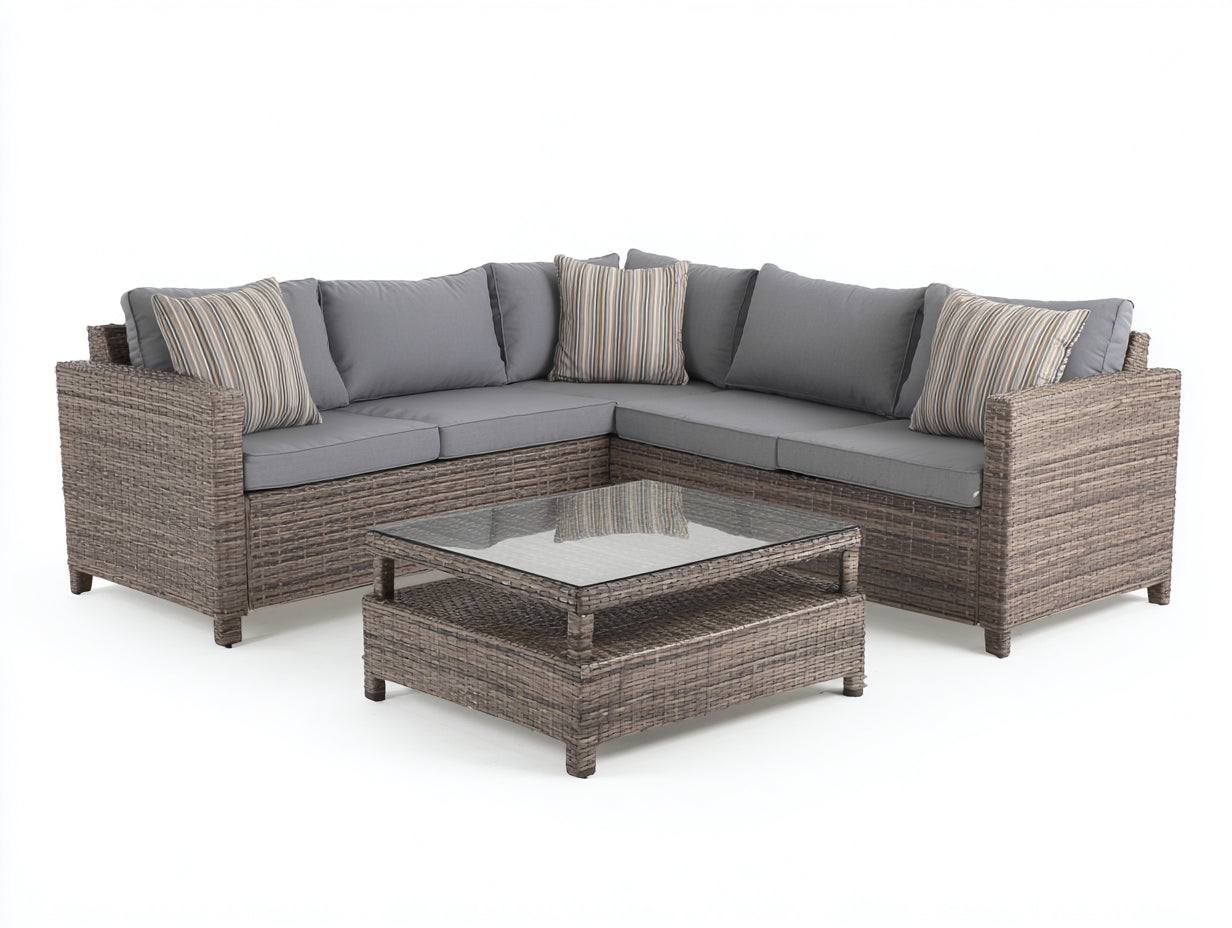 Canapé de jardin - rotin-verre-textile - 245x245x82 cm - taupe-gris-transparent - contemporain
