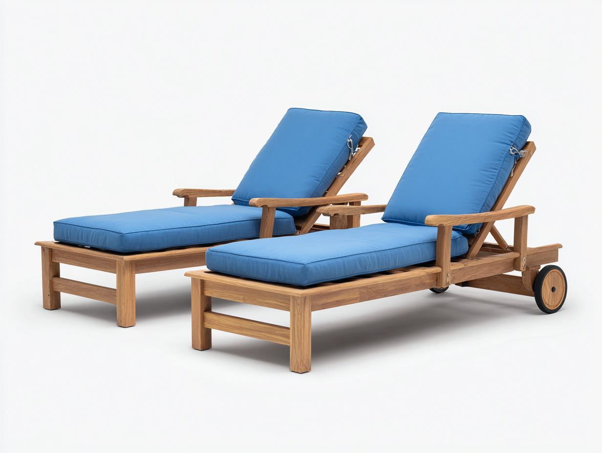 Bain de soleil - Bois-textile - 198x76x92 cm - Bois naturel-Bleu azur-Noir - Style classique