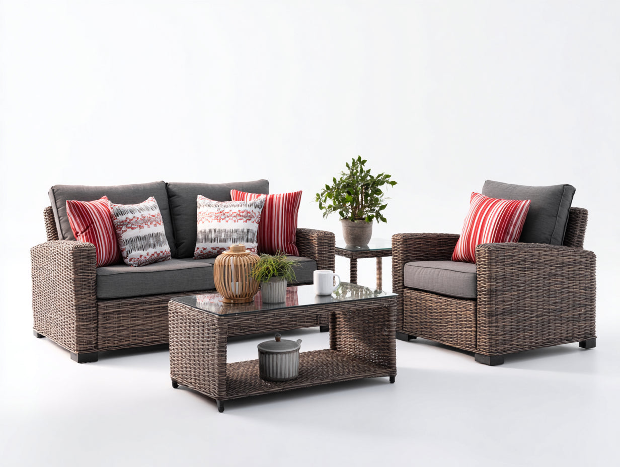 Canapé de jardin - rotin-verre-textile - 215x88x82 cm - marron foncé-gris anthracite-transparent-noir - contemporain
