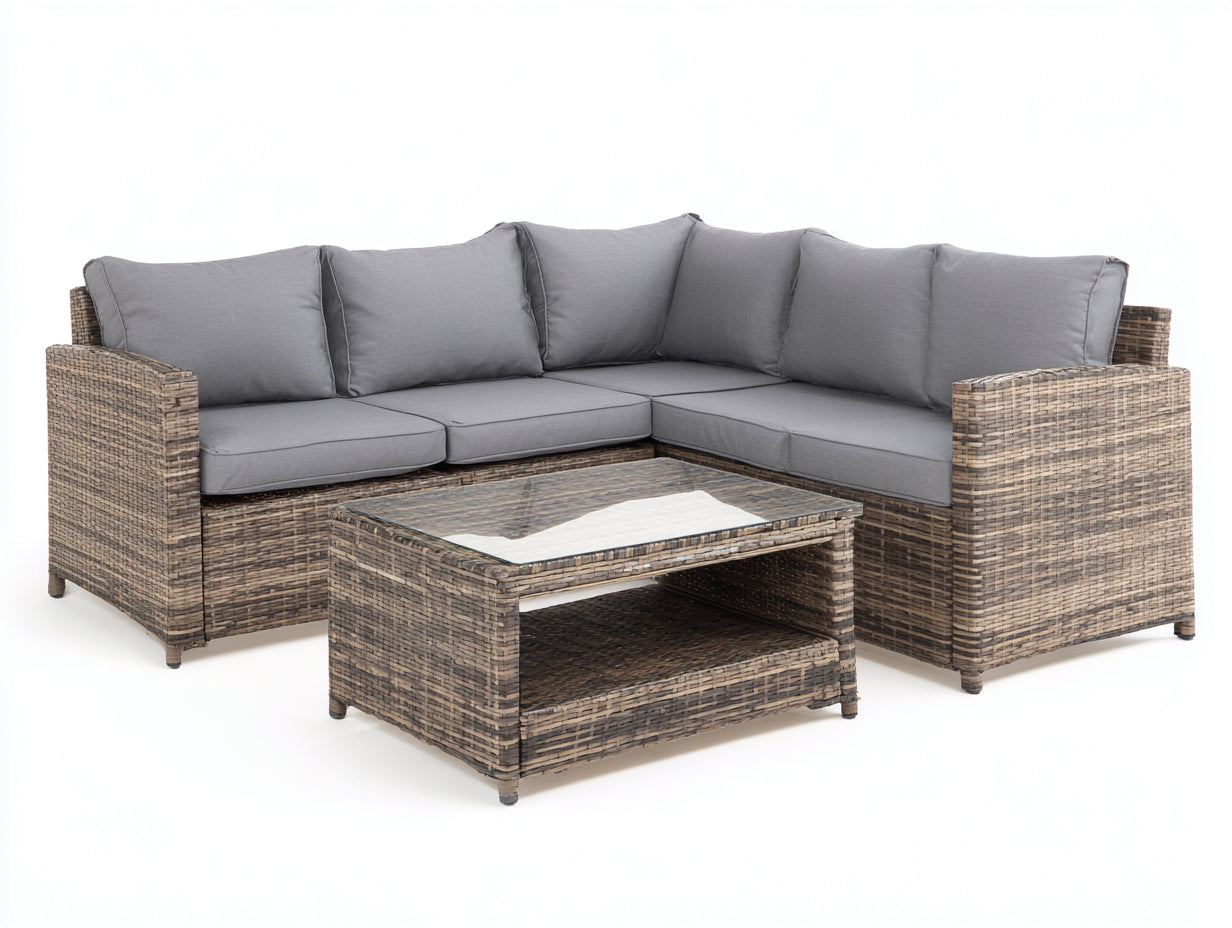 Canapé de jardin - rotin-verre-textile - 240x240x82 cm - taupe-gris-transparent - contemporain