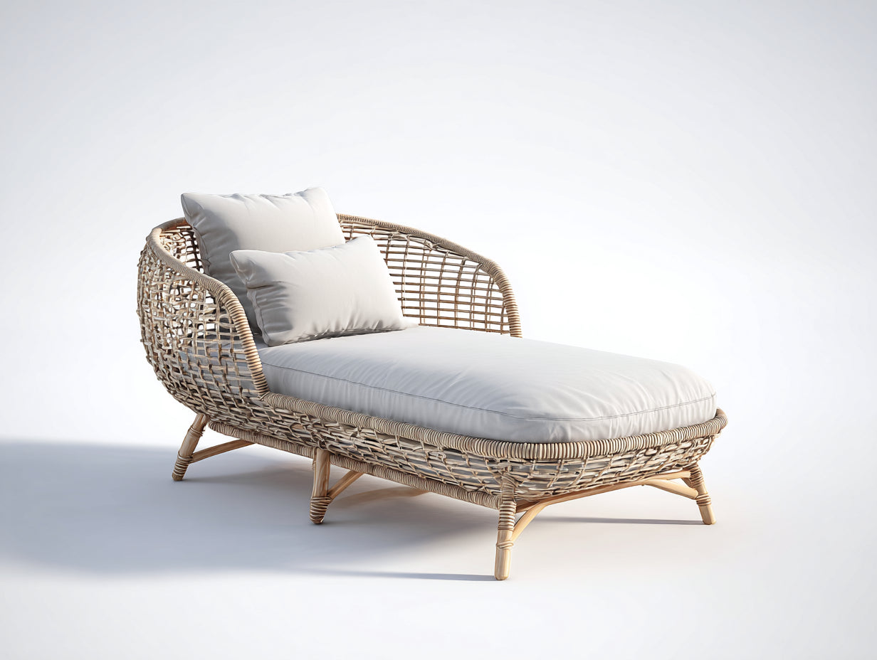 Bain de soleil - Rotin-textile - 190x88x86 cm - Naturel-Blanc cassé - Style bord de mer