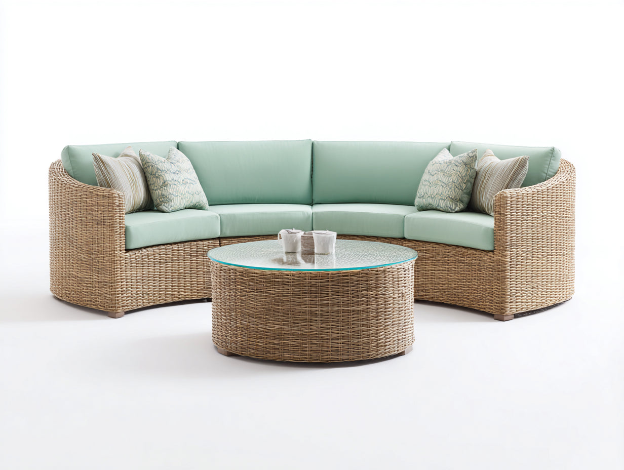Canapé de jardin - rotin-verre-textile - 300x110x82 cm - beige naturel-vert d'eau-transparent - style bord de mer