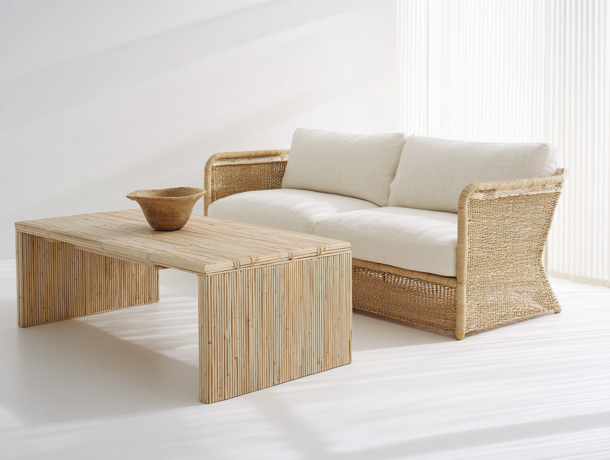 Canapé de jardin - rotin-bois-textile - 205x88x78 cm - beige naturel-écru - naturel