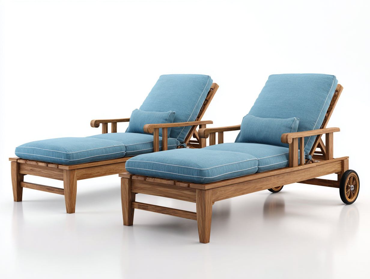 Bain de soleil - Bois-textile - 196x78x91 cm - Bois naturel-Bleu ciel-Noir - Style classique