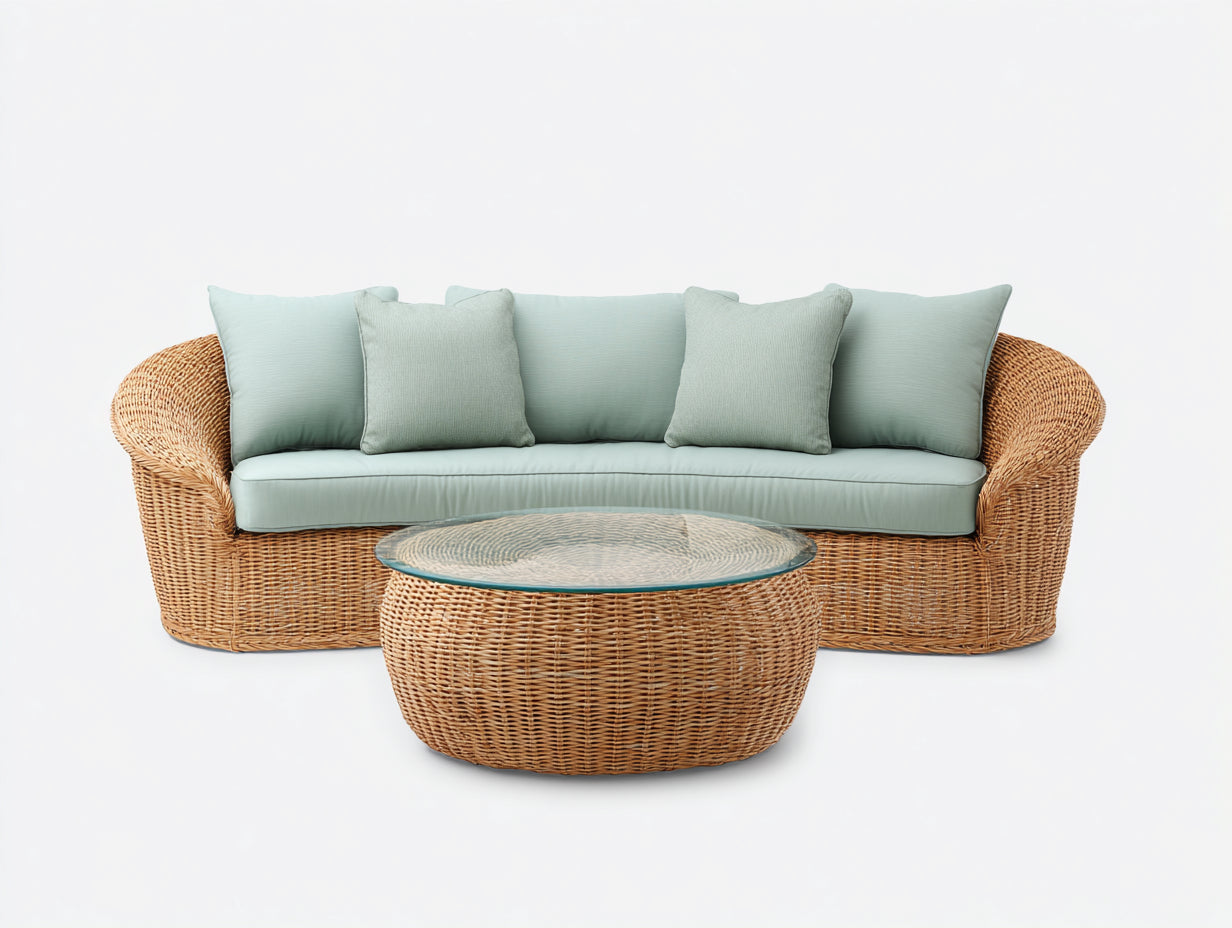 Canapé de jardin - rotin-verre-textile - 220x95x82 cm - beige naturel-vert d'eau-transparent - style bord de mer