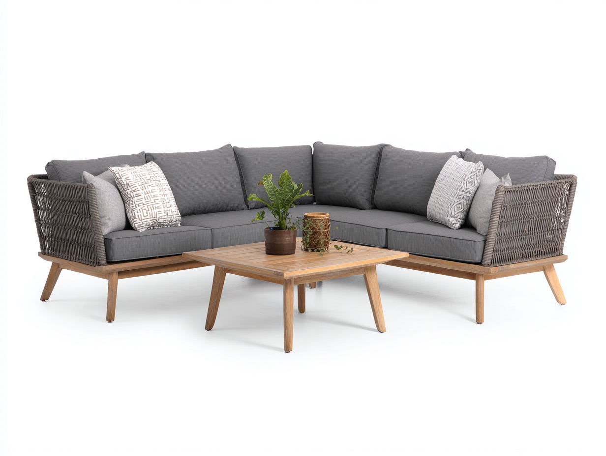 Canapé de jardin - bois-corde-textile - 230x230x82 cm - bois naturel-gris foncé-gris taupe - contemporain